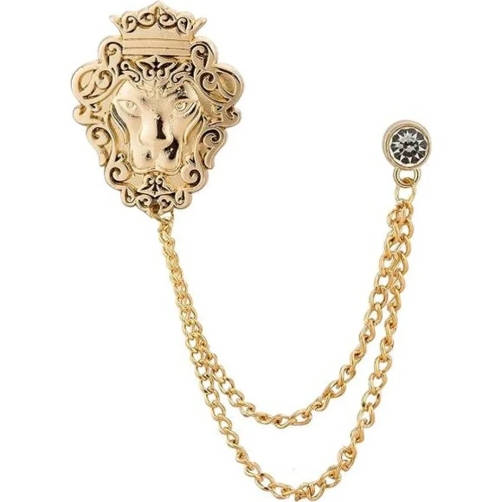 Knighthood Vintage Men Golden Crowned Lion King With Stone Hanging Chain Brooch